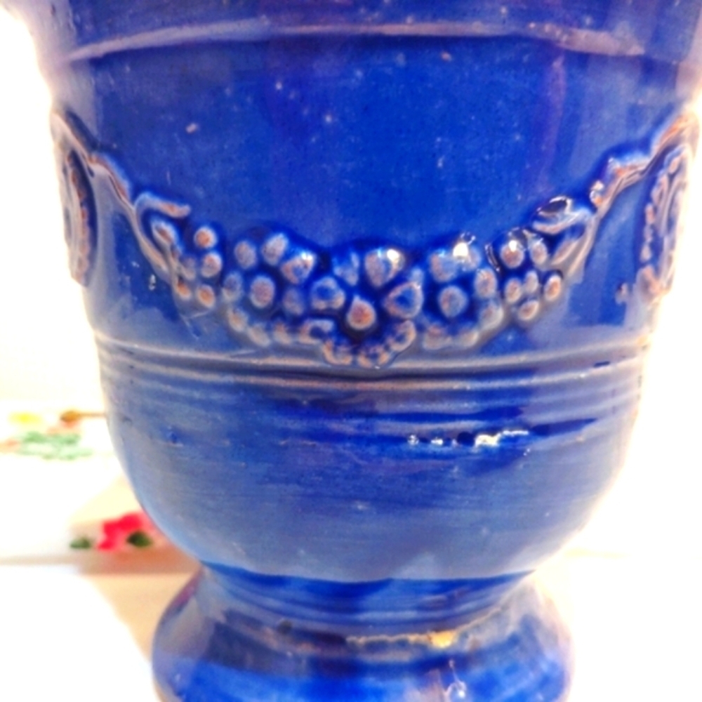 Antique Ampholia Anduze France Planter Urn Cobalt Blue 7" - Picture 8 of 11